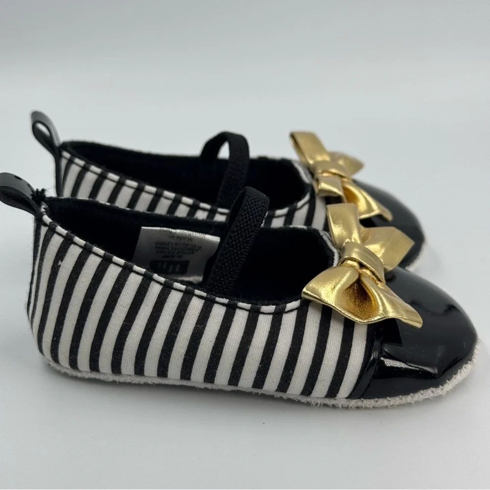 Hudson Baby HB Black and White Striped Baby Dress Shoes With Gold Bow 0-6 Months